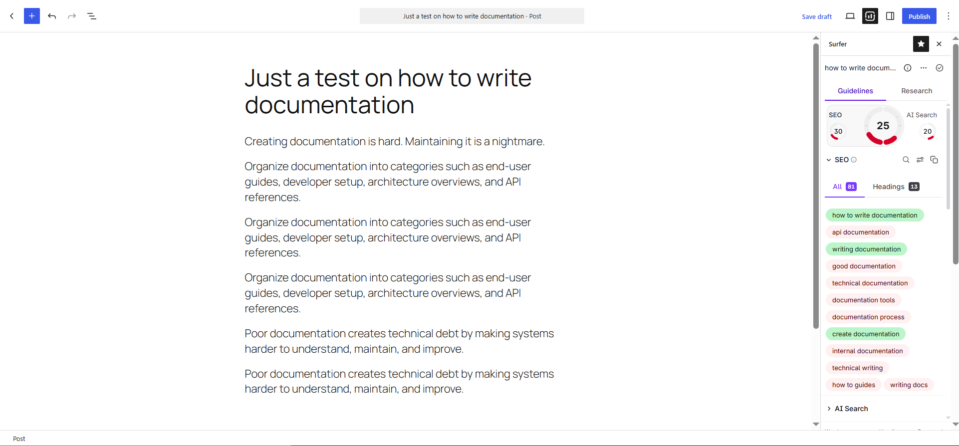The Gutenberg editor with the Surfer sidebar open on an attached post, showing the Guidelines and Research tabs, the Content Score with its SEO and AI Search parts, and the SEO terms for the post.