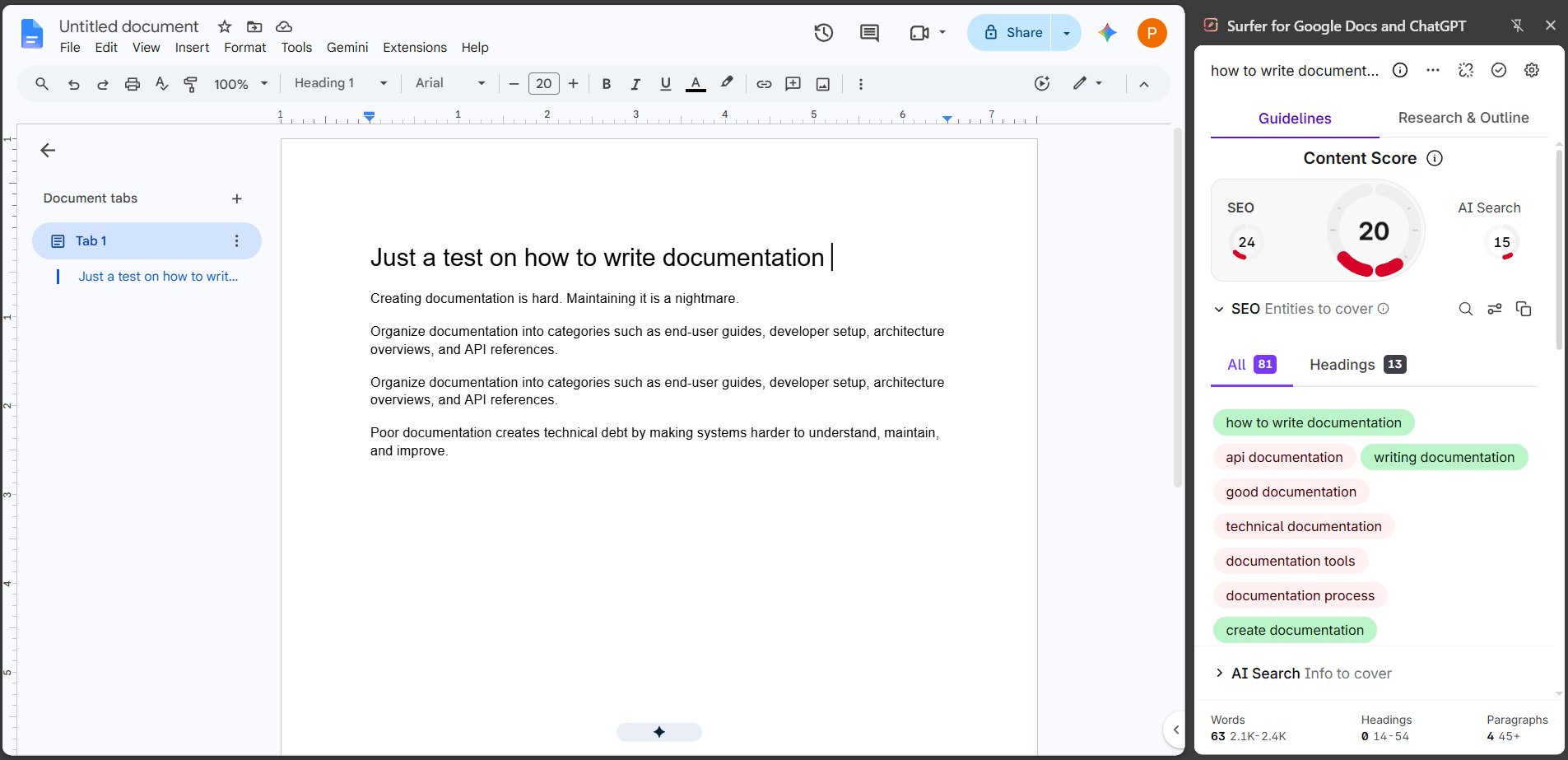 A Google Doc with the Surfer side panel open beside it, showing the Content Score and guidelines of the linked Content Editor.