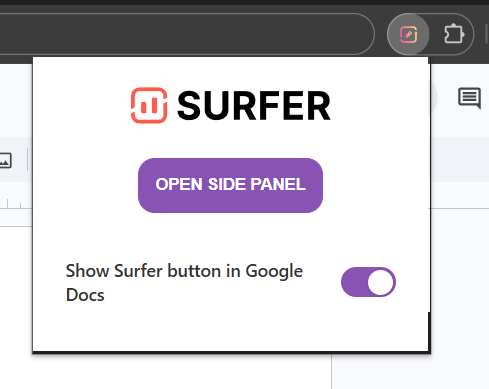The extension's popup on a Google Doc, with the Surfer logo, the OPEN SIDE PANEL button, and the Show Surfer button in Google Docs toggle turned on.