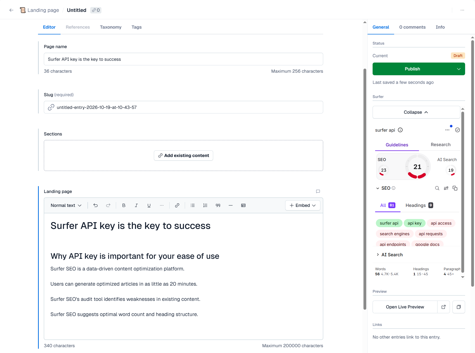 A Contentful entry with the Surfer panel open in its right sidebar, showing the Content Score and the guidelines for the entry's Rich Text field.