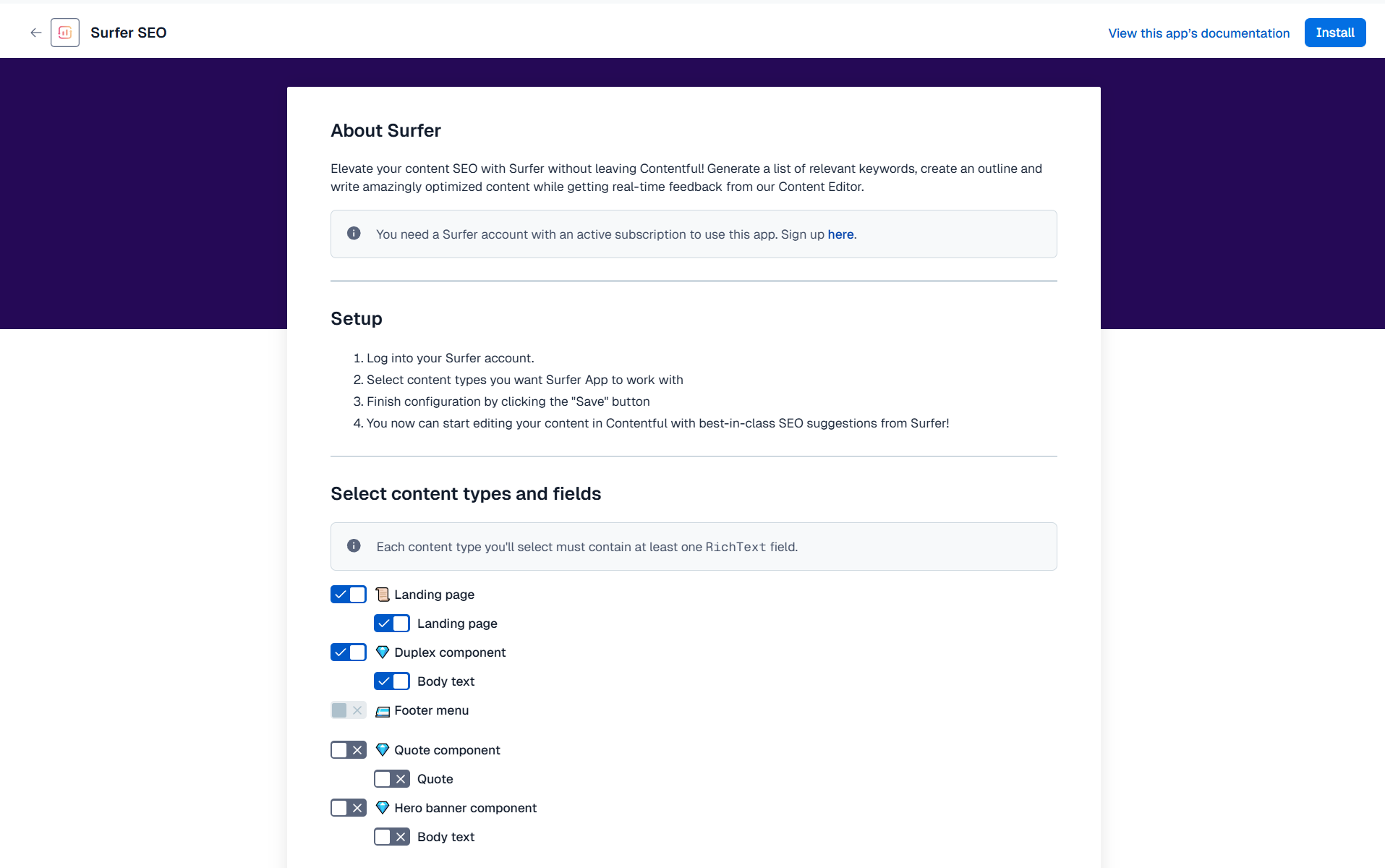 The Surfer app's configuration screen in Contentful with two content types switched on, their Rich Text fields listed under them, one content type disabled, and the Install button in the top bar.