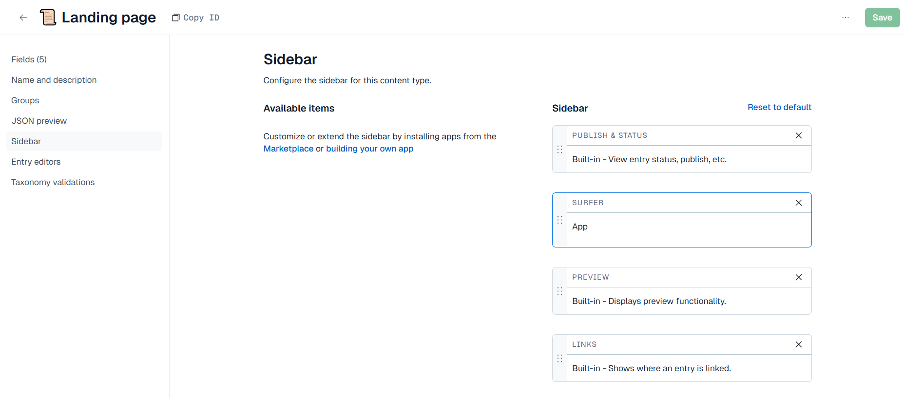 A content type's Sidebar section in Contentful with Surfer added to the sidebar items and the Save button.