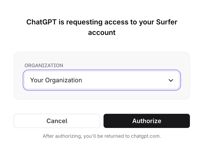 Surfer's consent page for ChatGPT with an organization selector and an Authorize button.