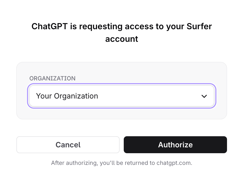 Surfer's consent page for ChatGPT with an organization selector and an Authorize button.