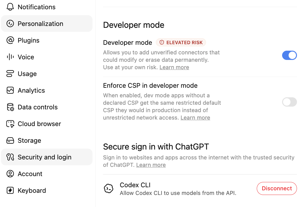 ChatGPT's Security and login settings with Developer mode enabled.