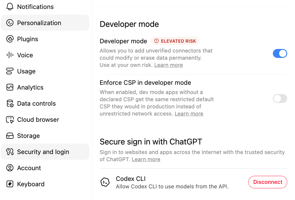ChatGPT's Security and login settings with Developer mode enabled.