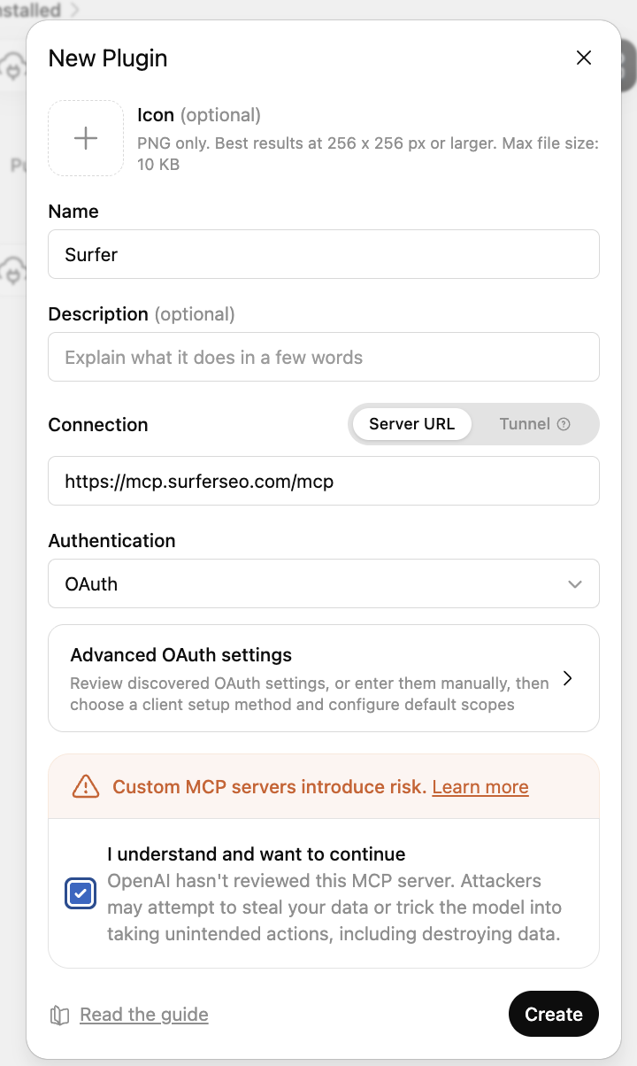 ChatGPT's New Plugin form with Surfer as the name, the Surfer MCP server URL, and OAuth authentication.