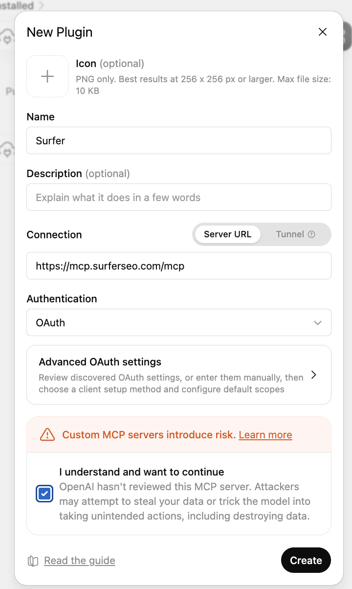 ChatGPT's New Plugin form with Surfer as the name, the Surfer MCP server URL, and OAuth authentication.