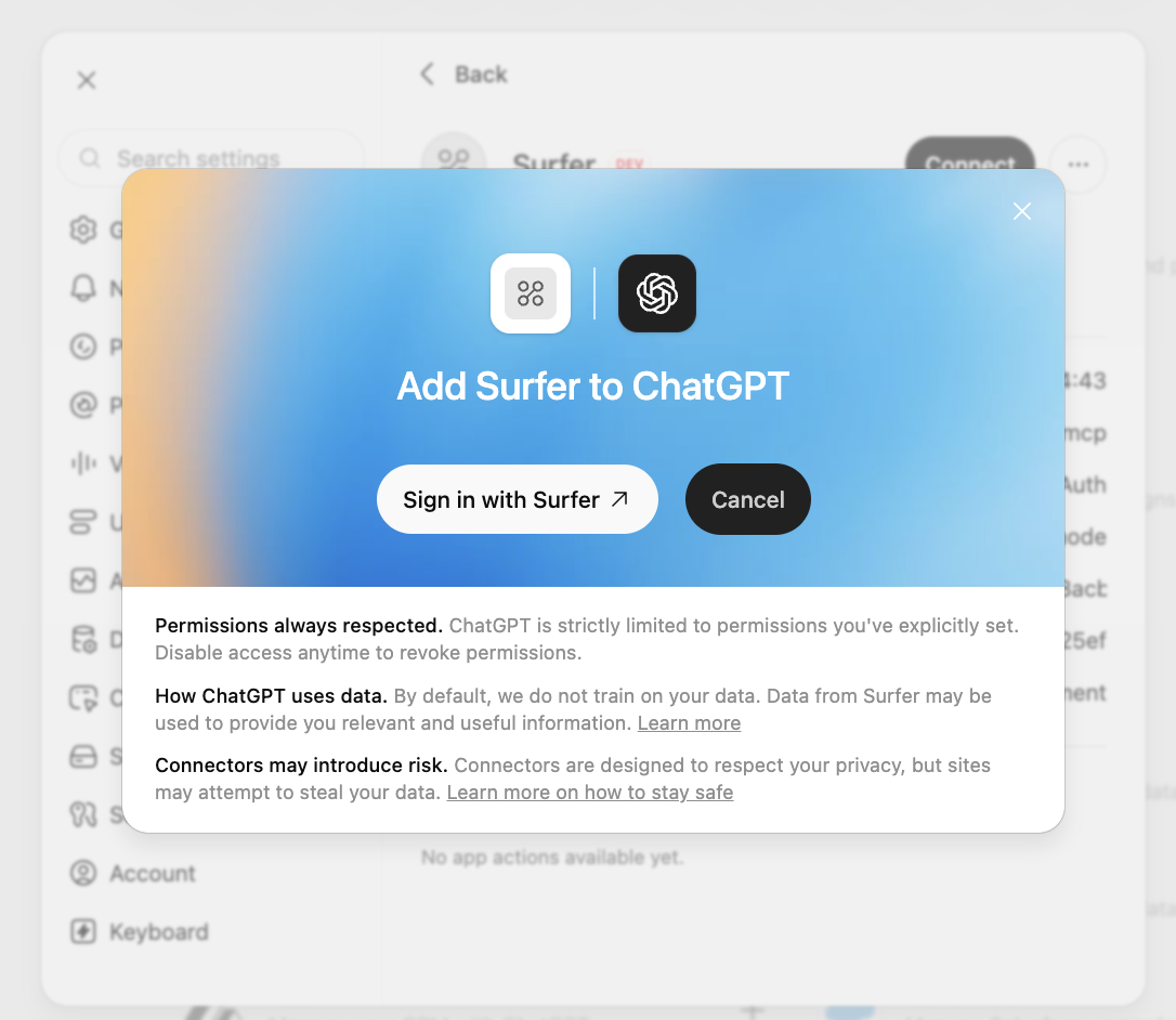The Add Surfer to ChatGPT dialog with a Sign in with Surfer button.