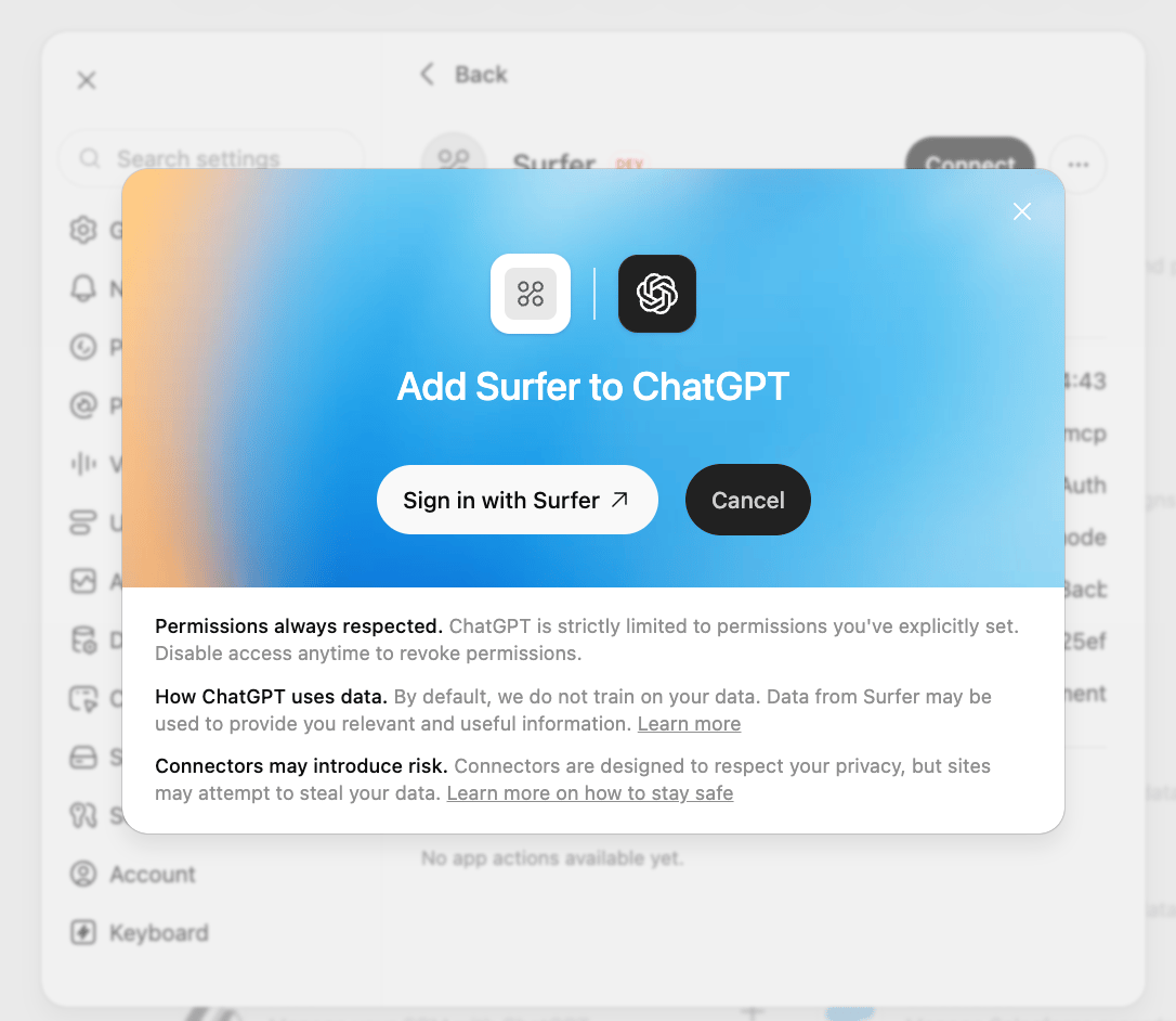 The Add Surfer to ChatGPT dialog with a Sign in with Surfer button.