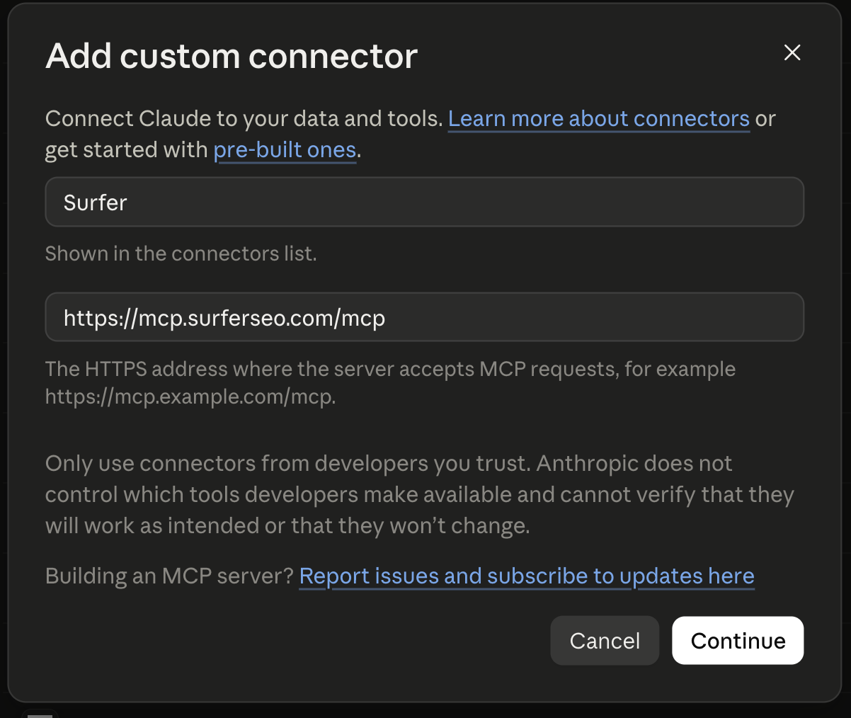 Claude's Add custom connector dialog with the Surfer name, server URL, and Continue button.