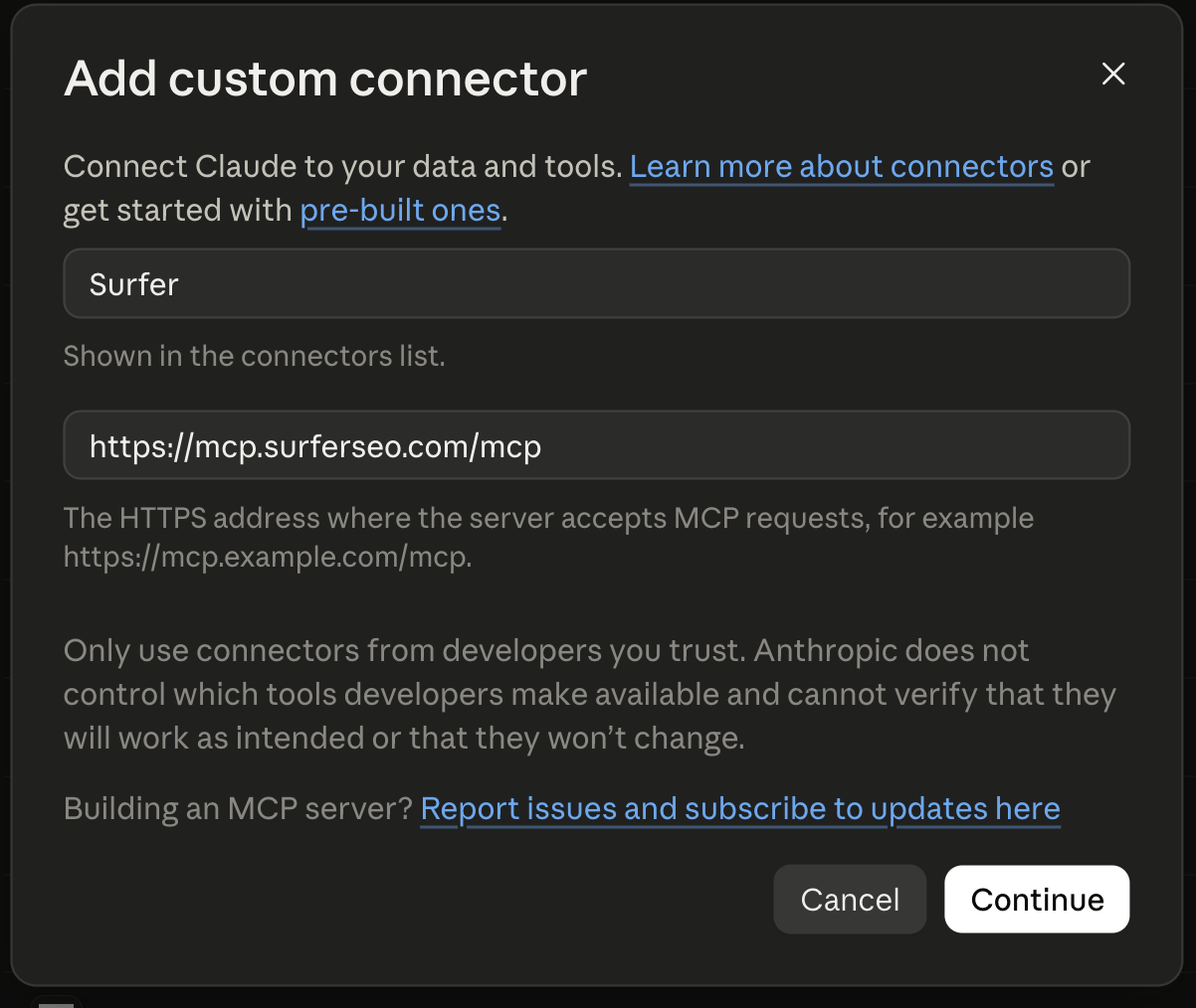 Claude's Add custom connector dialog with the Surfer name, server URL, and Continue button.