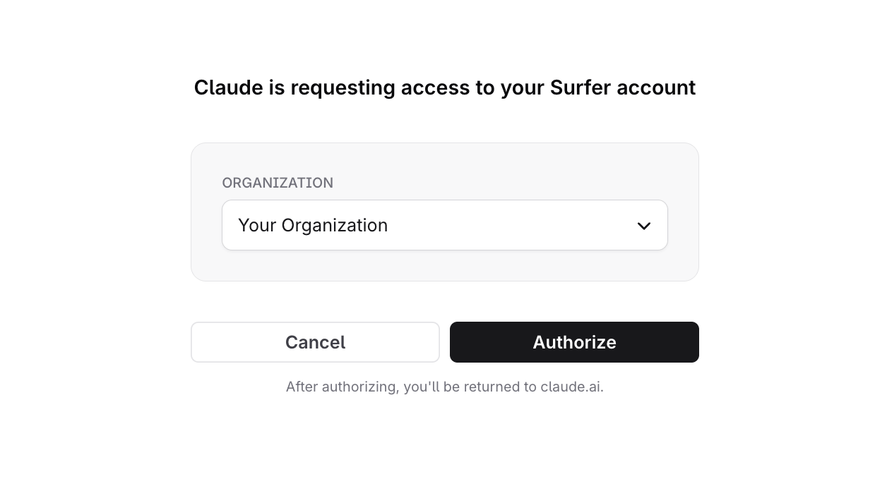 Surfer's consent page with an Organization dropdown and Authorize button for Claude.