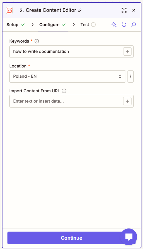 The Configure tab of a Create Content Editor step in Zapier, with the Keywords, Location, and Import Content From URL fields.