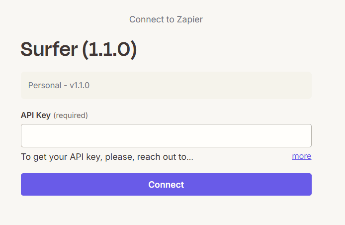 Zapier's connection dialog for the Surfer app, with the empty API Key field and the Connect button.