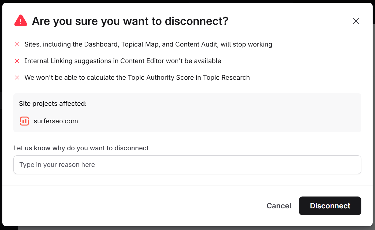 The disconnect confirmation dialog listing the features that stop working and the site projects affected.