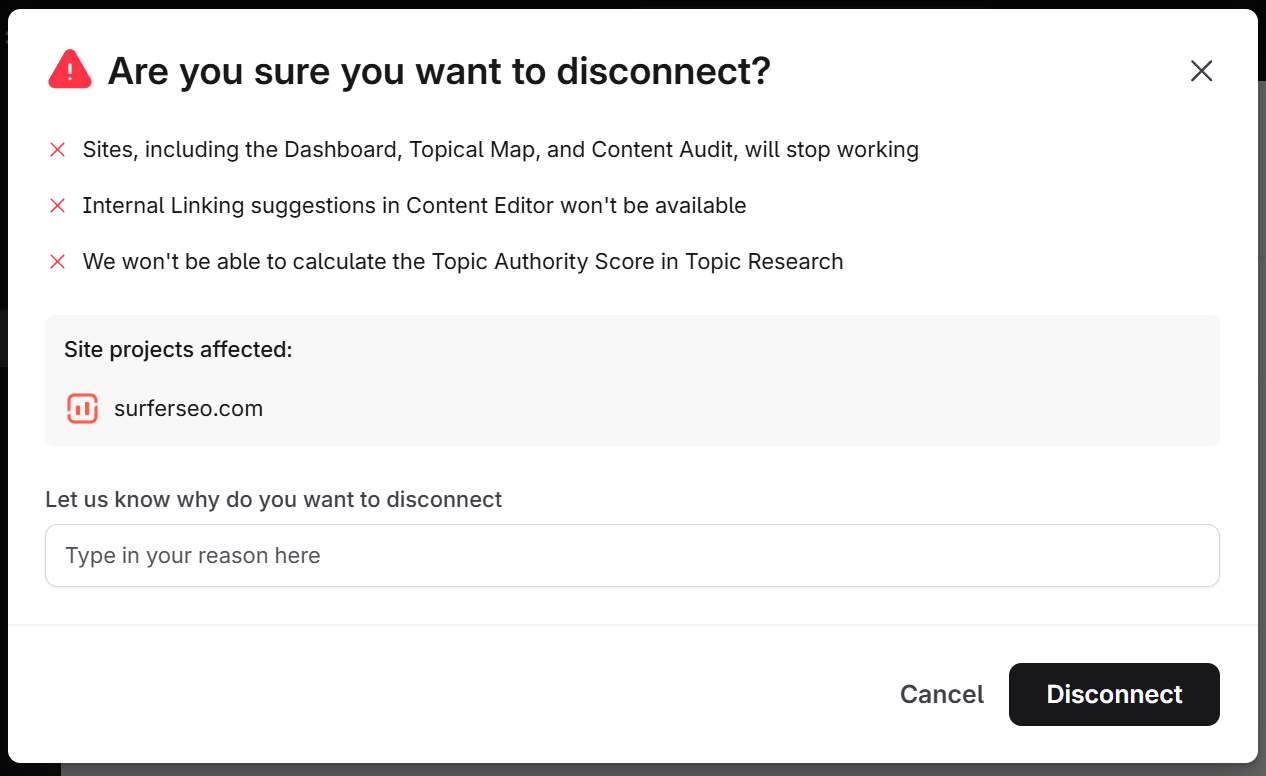 The disconnect confirmation dialog listing the features that stop working and the site projects affected.