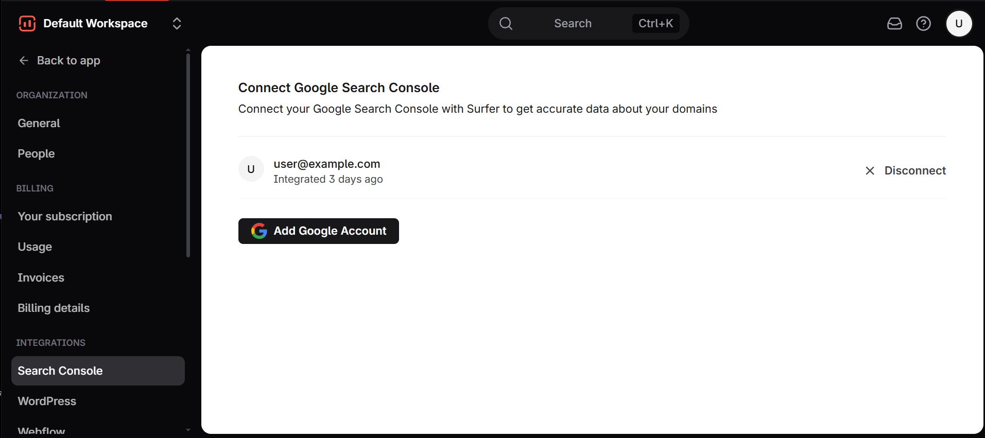 Surfer's Search Console settings page with one connected Google account, its Disconnect action, and the Add Google Account button.