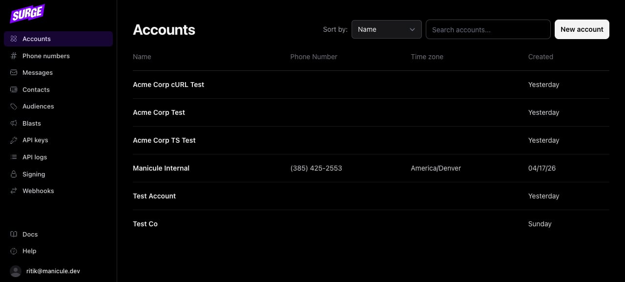 The Accounts list in the Surge dashboard