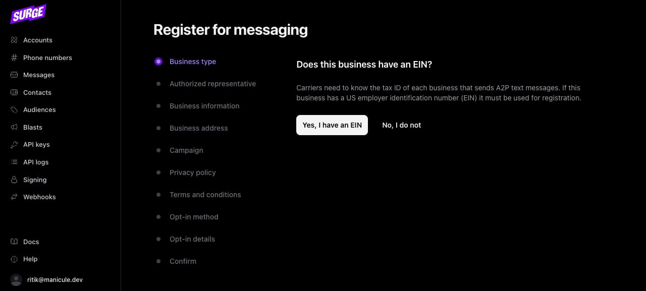 Business type step asking whether the business has an EIN