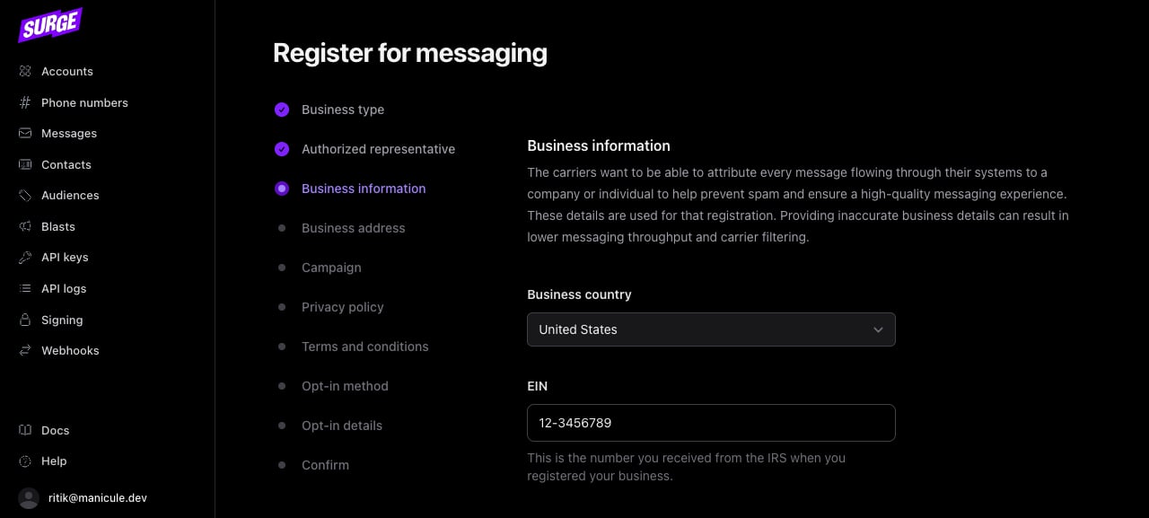 Business information form with EIN, business name, website, industry, and regions