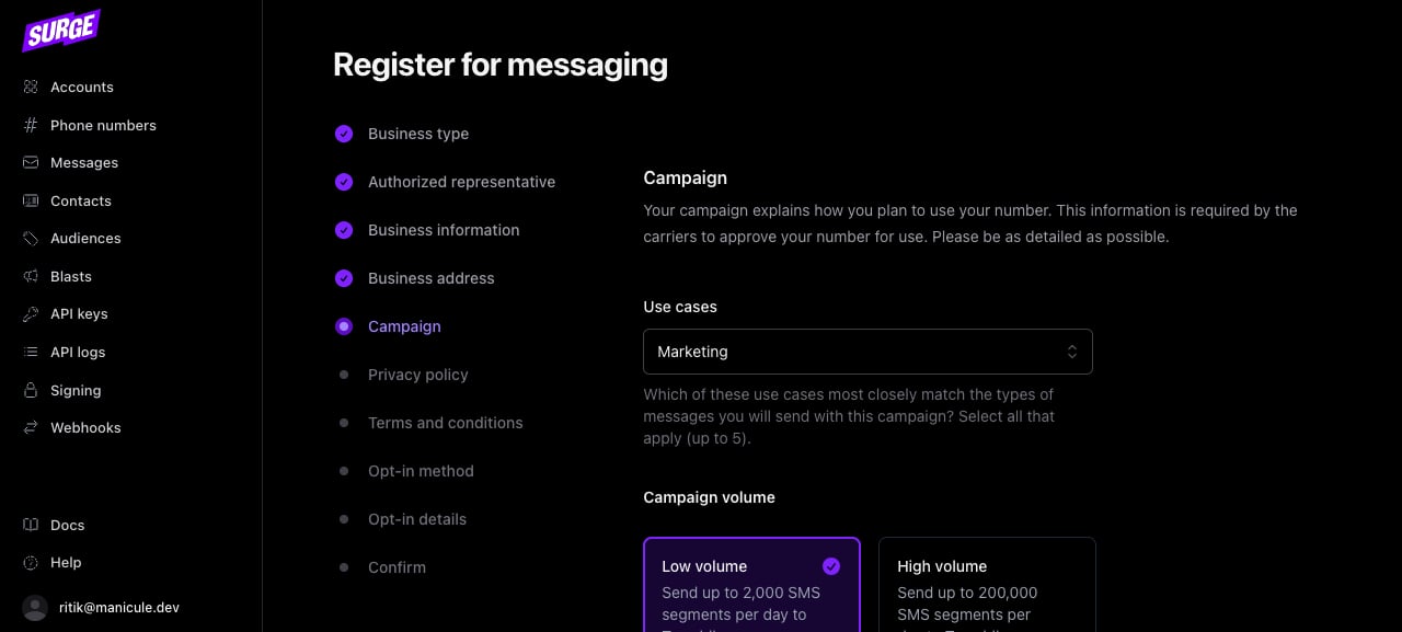 Campaign step with use cases, low/high volume tiers