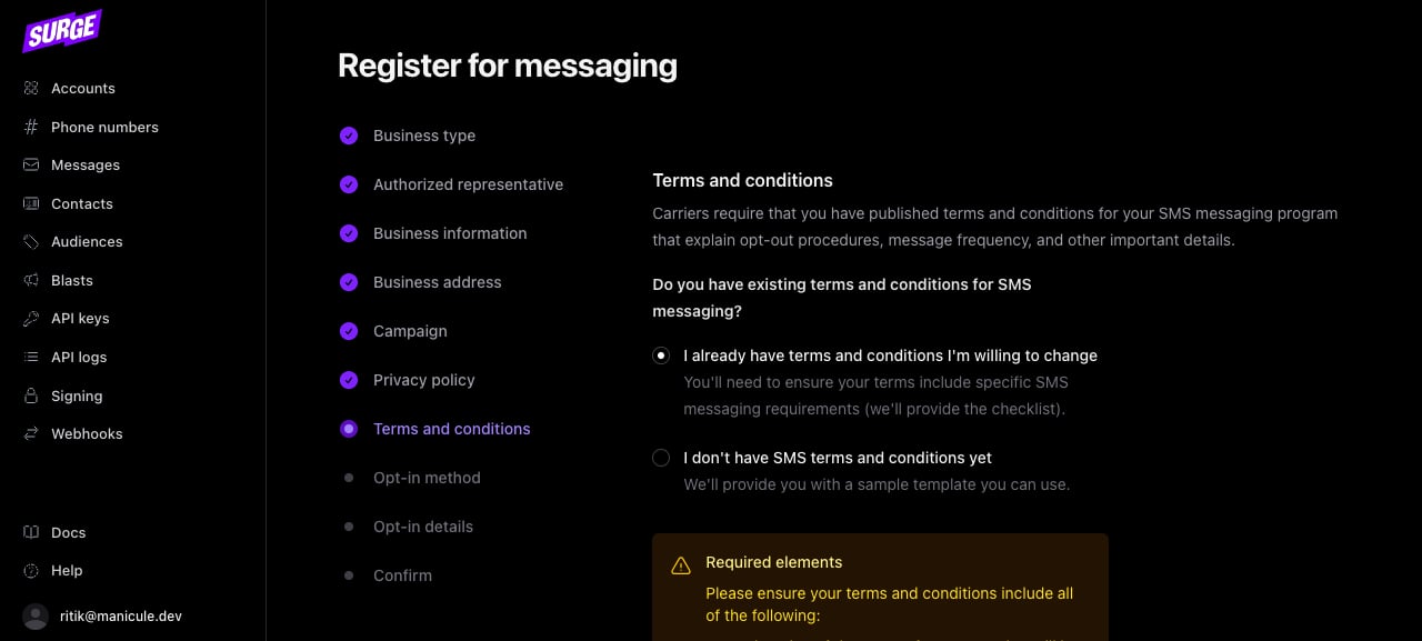 Terms and conditions URL field