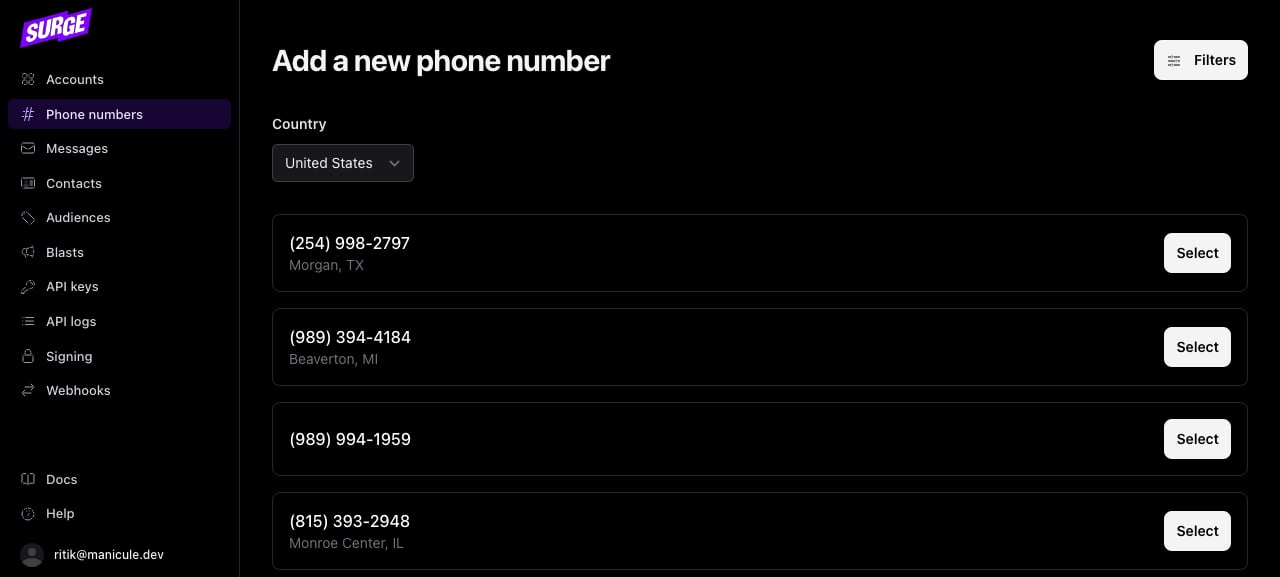 Dashboard local-number search results with phone numbers and city/state