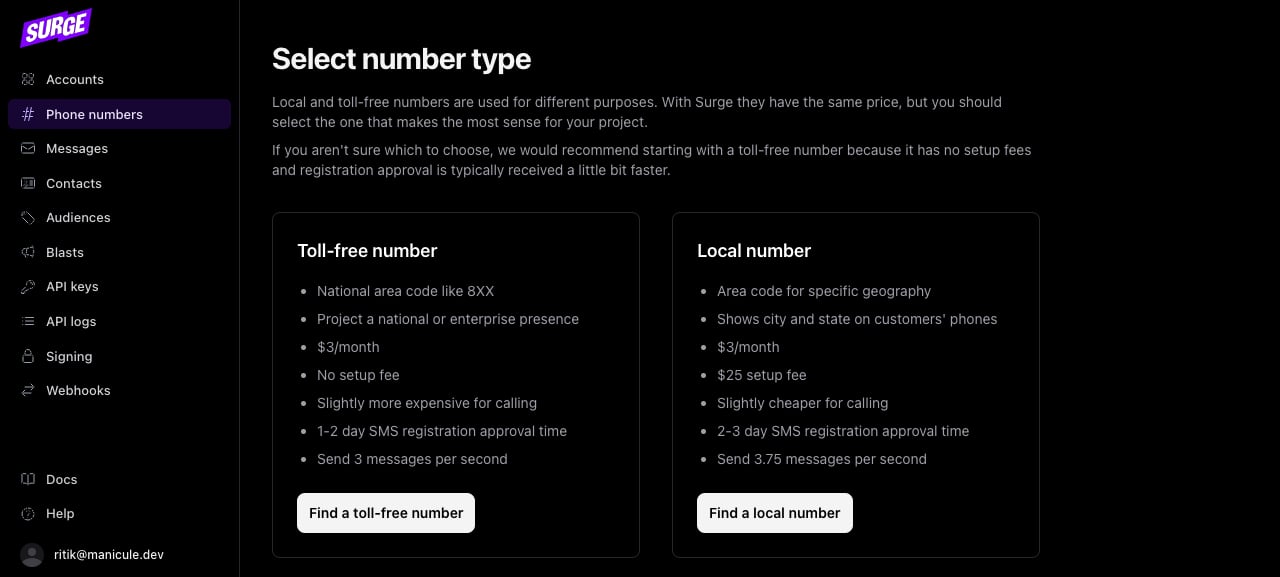Dashboard "Select number type" page comparing toll-free vs local with prices, setup fees, and registration approval times