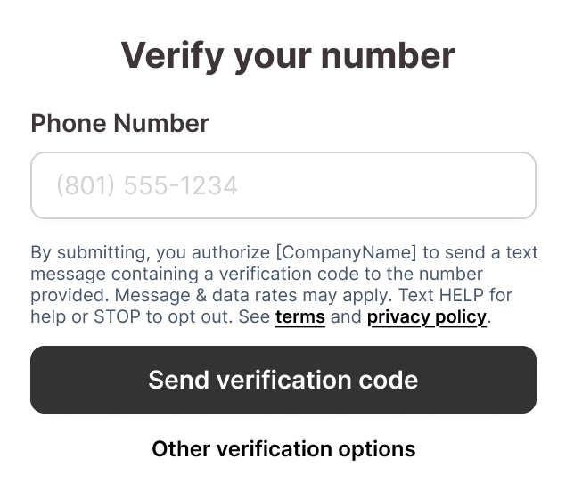 Example dedicated web form for phone verification codes