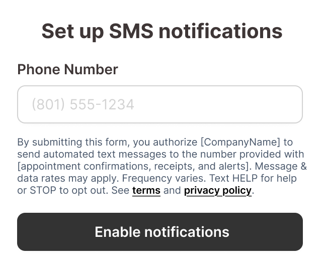Example dedicated web form for SMS account notifications, with consent granted by submitting the form