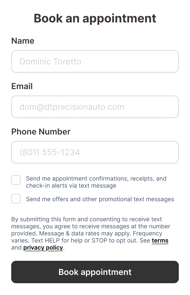 Example web form with separate unchecked checkboxes for transactional and marketing text messages