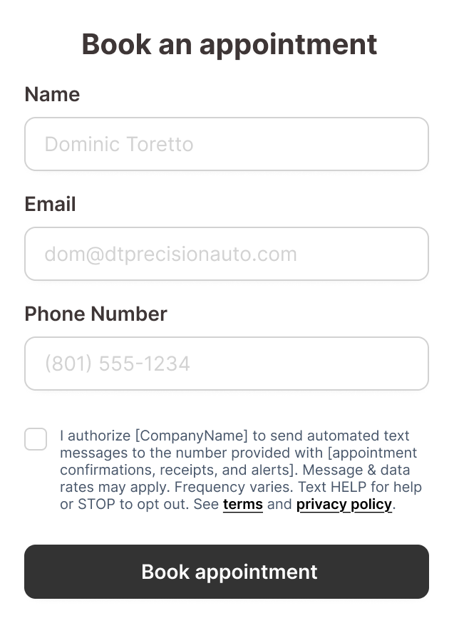 Example web form where SMS signup shares a form with other fields, using an explicit unchecked checkbox