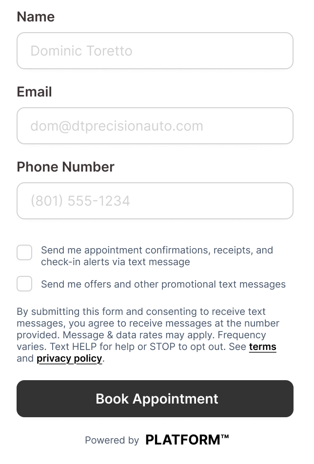 Example platform-branded web form with separate checkboxes for account notifications and marketing