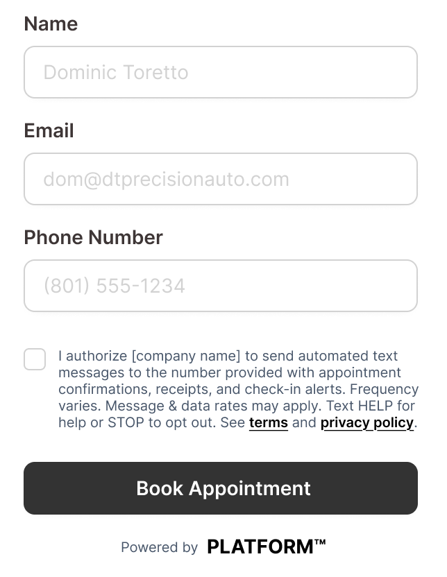 Example platform-branded web form for account notifications, with 'Powered by PLATFORM' attribution