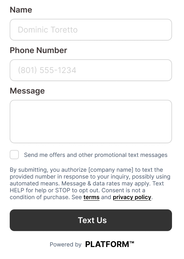 Example platform-branded web form for customer care with an additional marketing checkbox