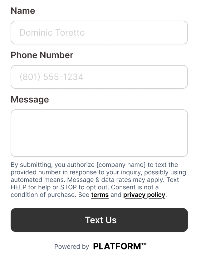 Example platform-branded web form for customer care text messages