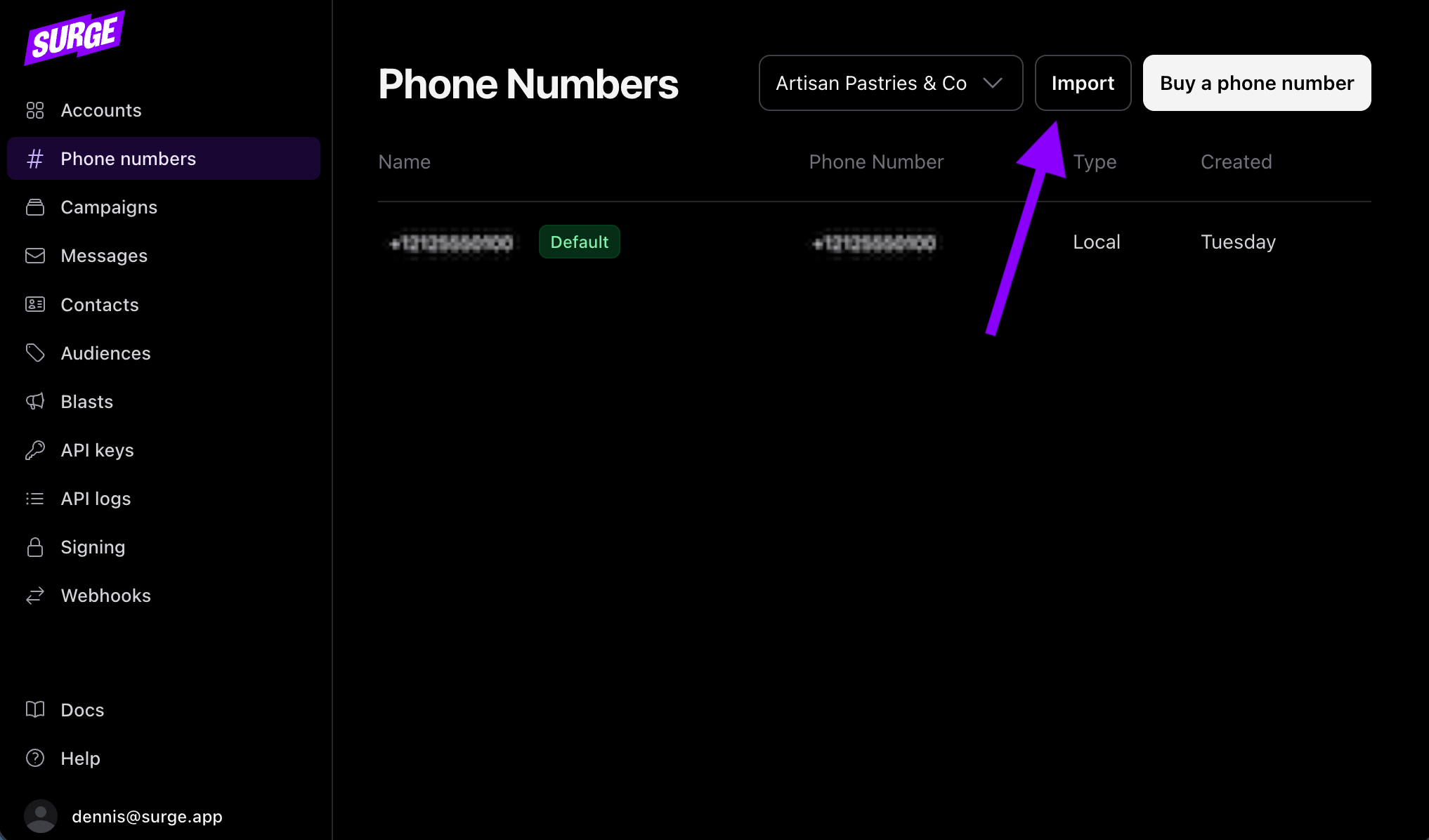 Import button in the top right corner of the "Phone numbers" page
