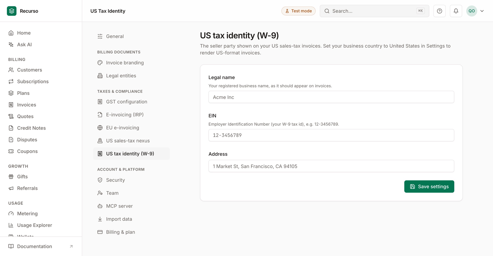US tax identity settings