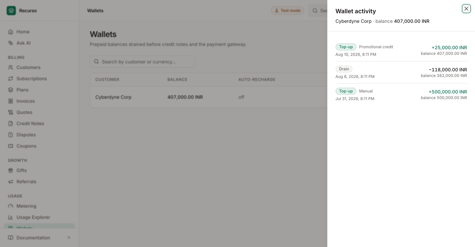 Wallet activity sheet