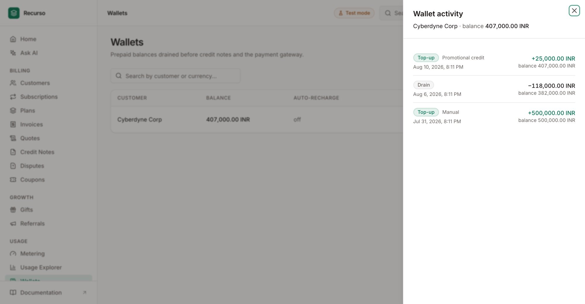 Wallet activity sheet