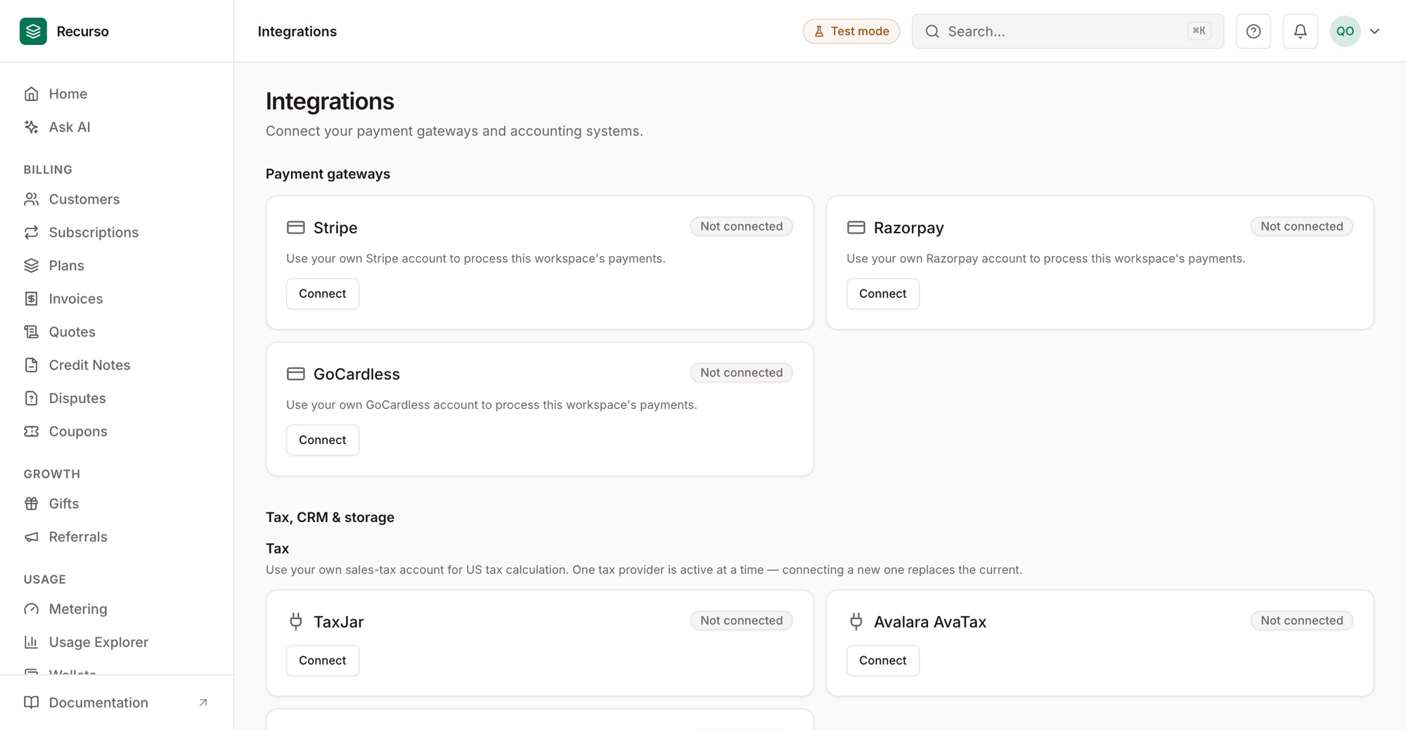 The Integrations page showing connected payment gateways