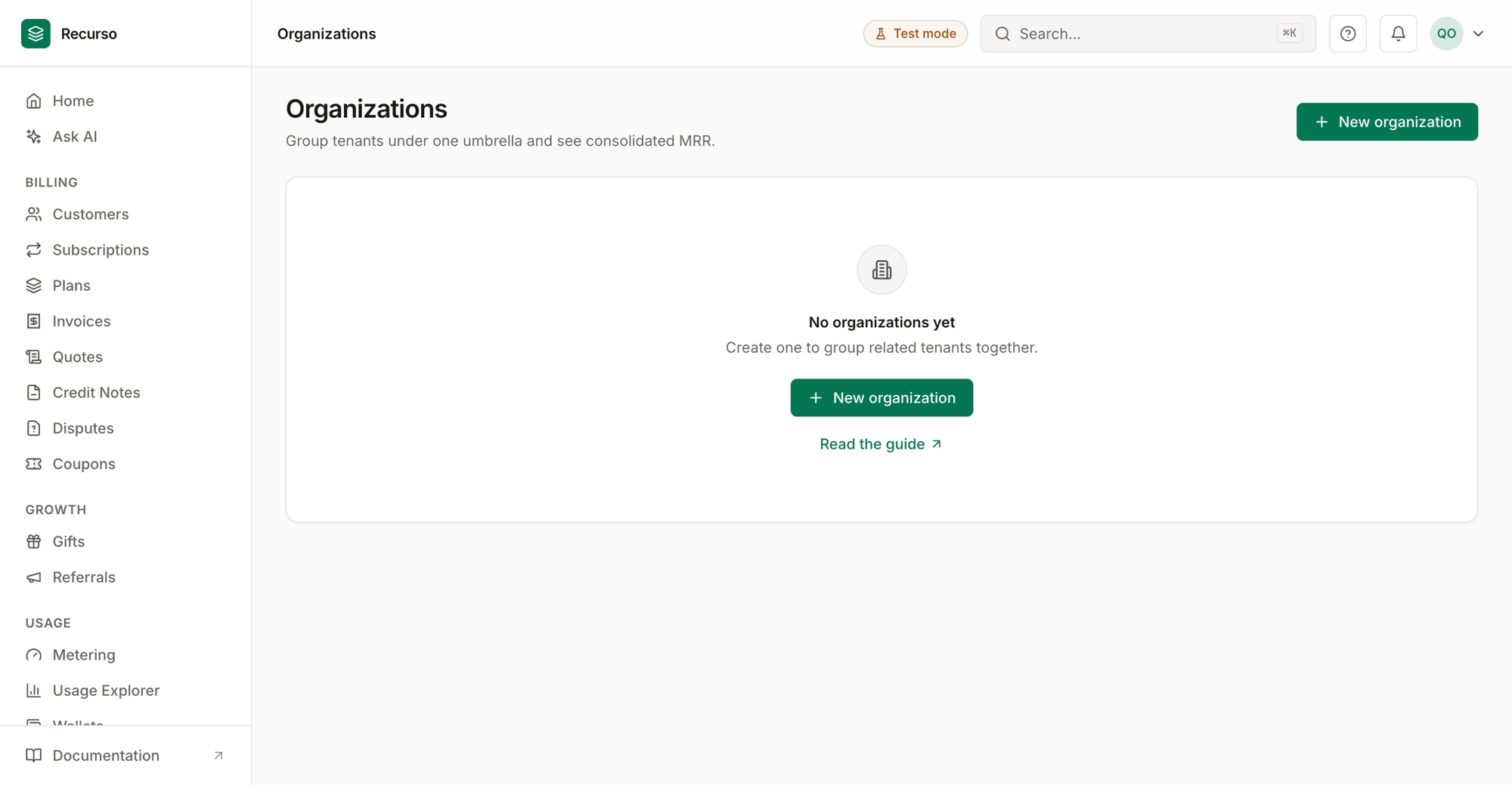 The Organizations page