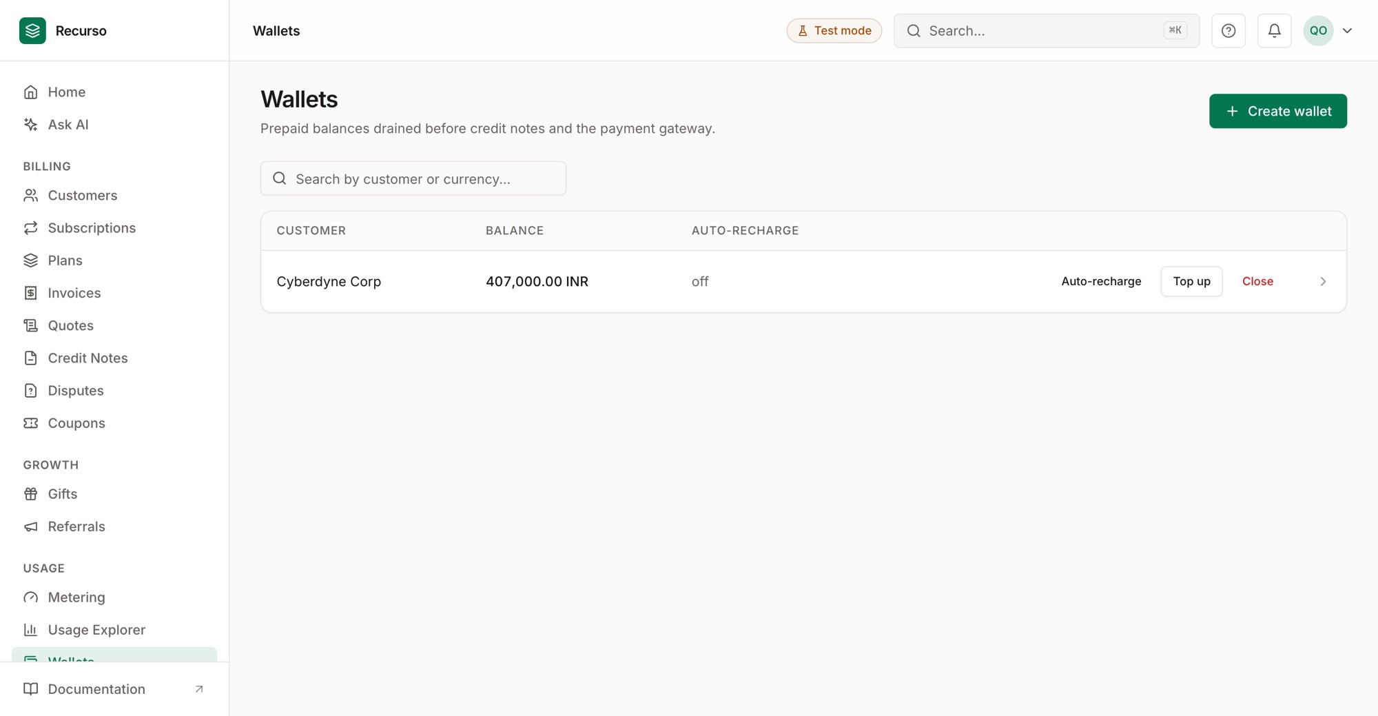 The Wallets page listing customer balances