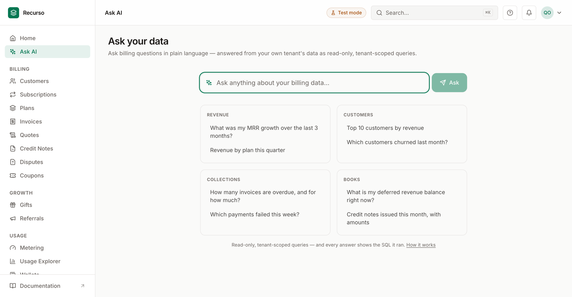 Ask AI in the Recurso dashboard
