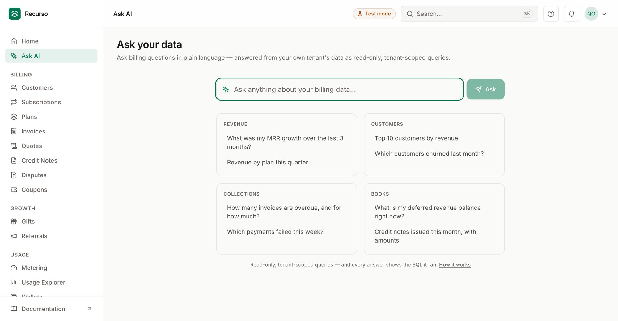 Ask AI in the Recurso dashboard