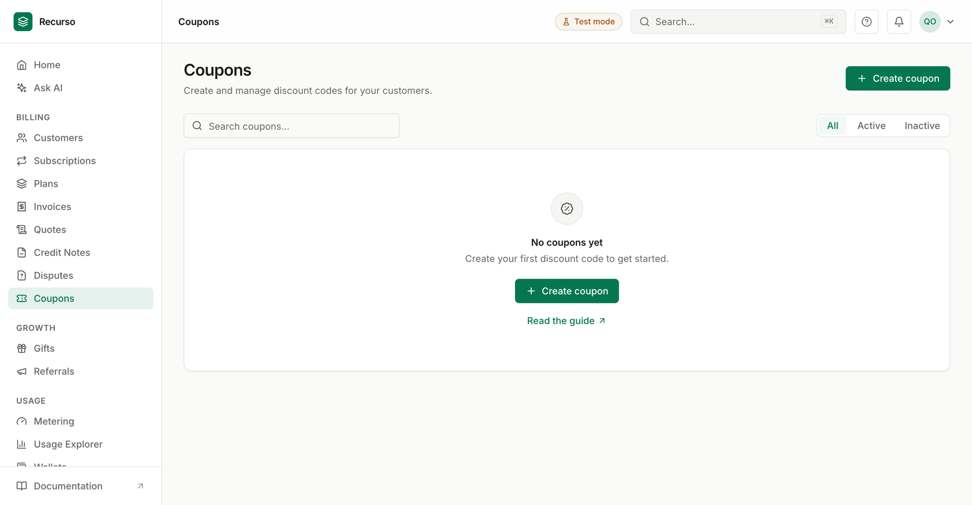 The Coupons page in the Recurso dashboard