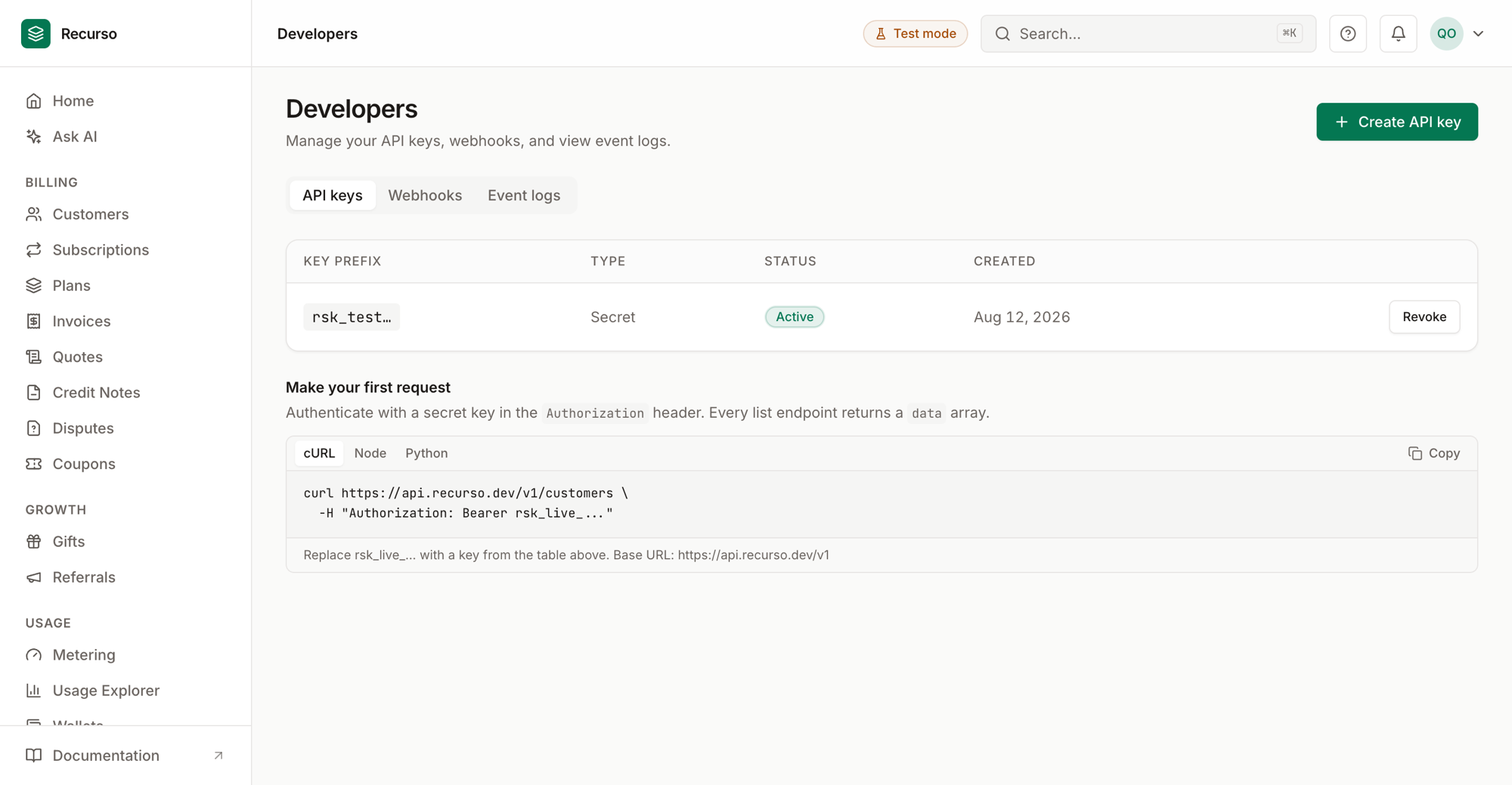 The Developers page in the Recurso dashboard