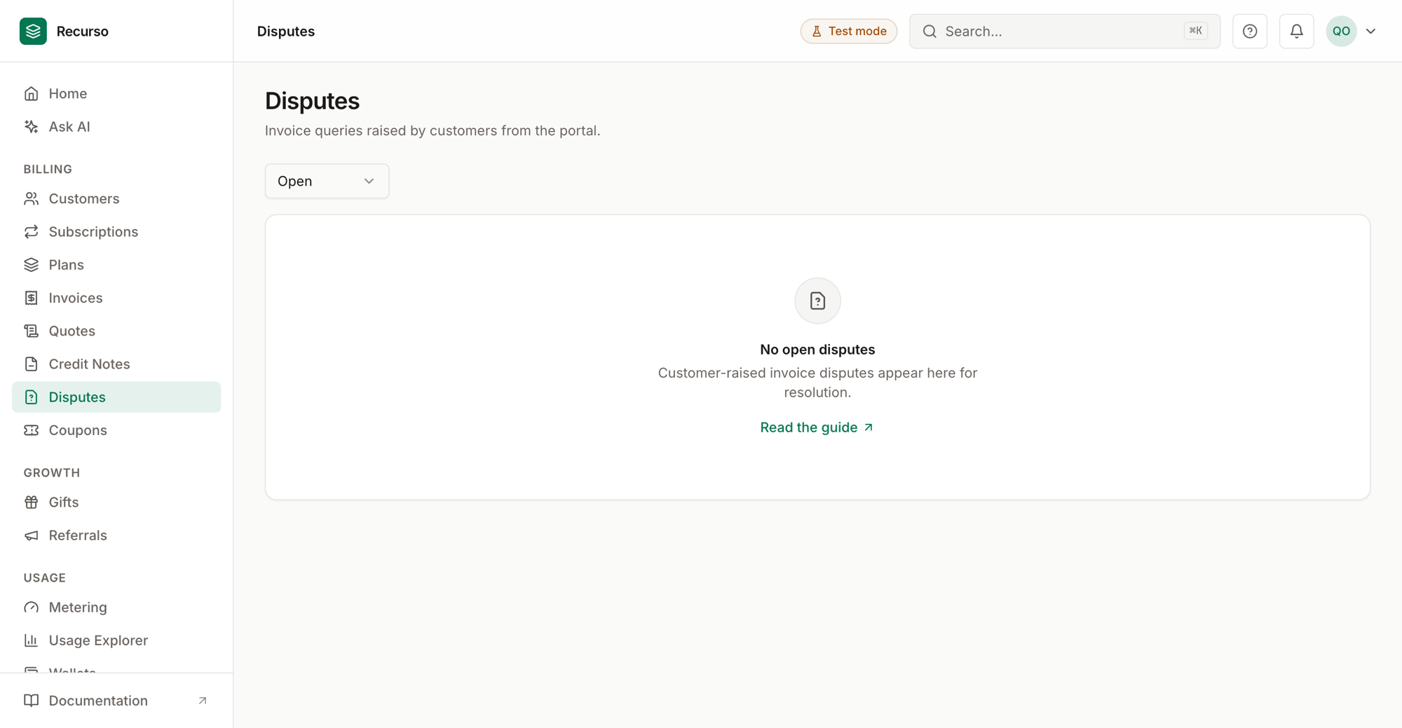 The Disputes page in the Recurso dashboard