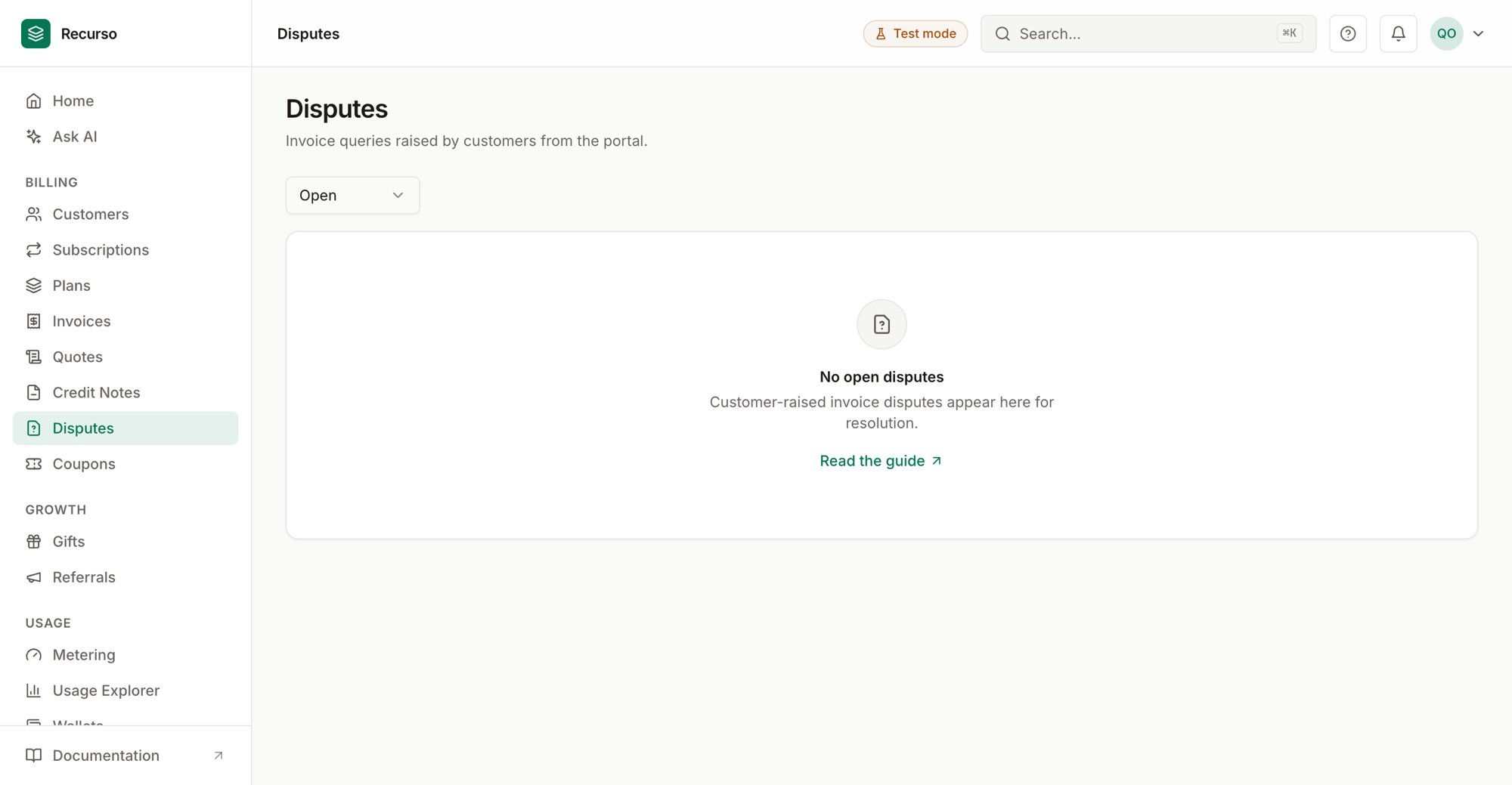 The Disputes page in the Recurso dashboard